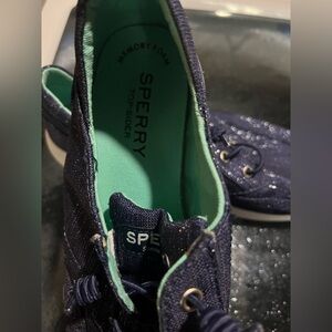 Sperry Dark Blue Boat Shoes with Green Interior